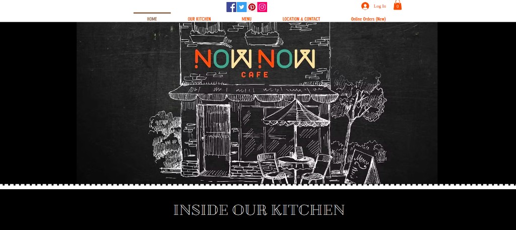 NowNow Cafe homepage — chalkboard hero with logo and Inside Our Kitchen heading