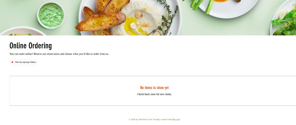 NowNow Cafe online ordering page showing Not Accepting Orders and no items