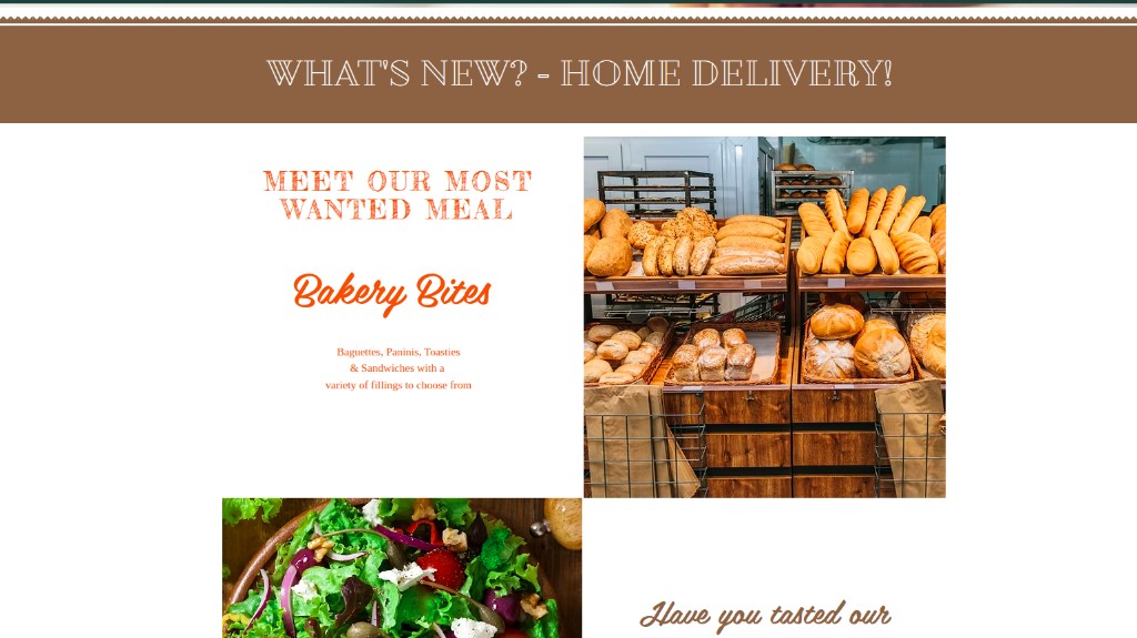 NowNow Cafe homepage food sections — What’s New home delivery banner and Bakery Bites