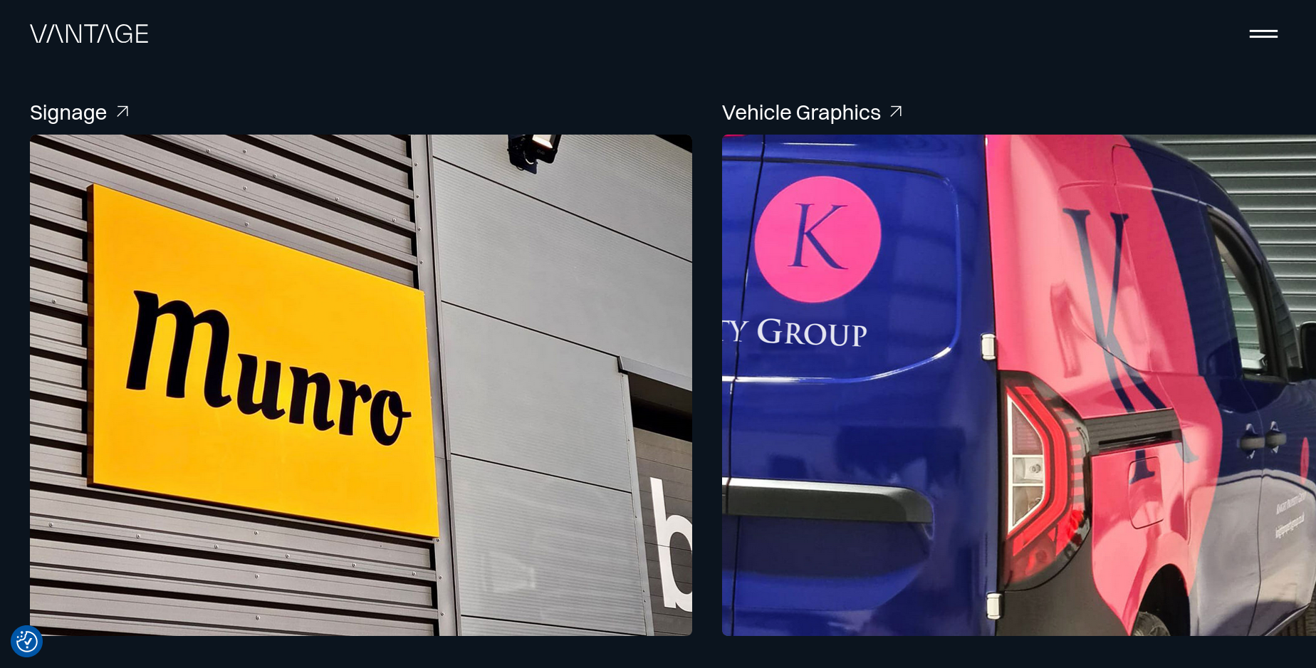 Screenshot of Vantage Signs website, our case study
